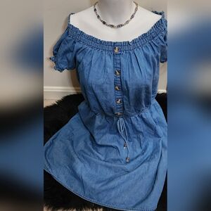 Denim Lightweight Chambray Ruffle Off The Shoulder Slip Dress Juniors Size XL